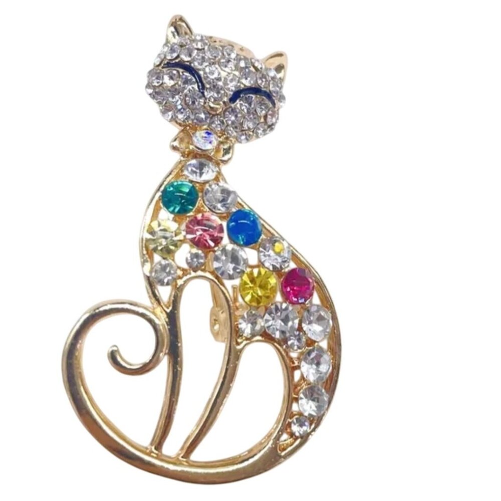 Multicolor Jeweled MCM Cat Brooch Gold Tone with Crystals